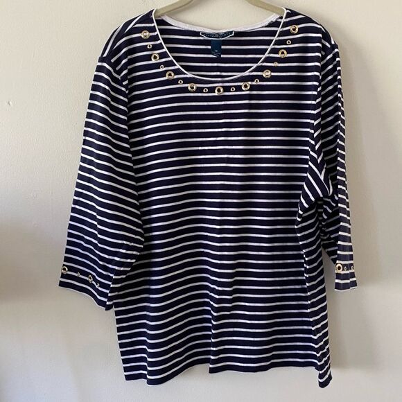 Karen Scott Tops - Karen Scott Striped Top with Rivet Detail Navy White Size 3x